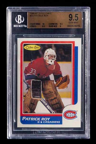 1986-87 O-Pee-Chee Hockey Card #53 HOFer Patrick Roy Rookie - Graded Beckett GEM MINT 9.5
