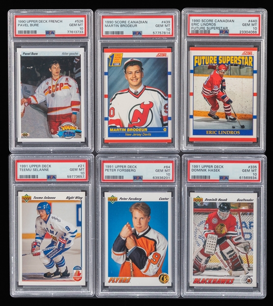 1990-91 and 1991-92 Upper Deck / Score Canadian Hockey Rookie Cards of HOFers Bure, Selanne, Forsberg, Hasek, Lidstrom, Brodeur and Lindros - Each Graded PSA GEM MT 10