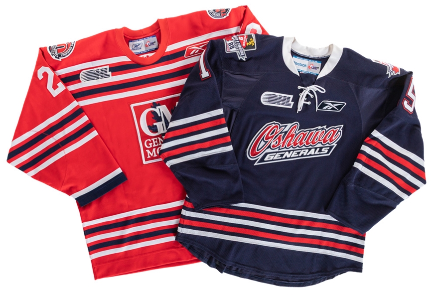 Victor Terreris 2007-08 Alternate Throwback "GM" and Matt Hore 2013-14 Blue Alternate (Orr/Tilson/Lindros Patches) OHL Oshawa Generals Game-Worn Jerseys