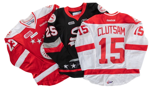 Brock Beukebooms 2010-11 (Alternate Black w/ "C"), David Quesneles 2011-12 (Road) and Mac Clutsams 2011-12 (Home) OHL Soo Greyhounds Game-Worn Jerseys 