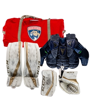 Roberto Luongos 2018-19 Florida Panthers CCM Premier II Game-Worn Blocker, Glove and Signed Pads - Photo-Matched to Career Game #1030 Surpassing Patrick Roy For #2 All-Time Games Played! 
