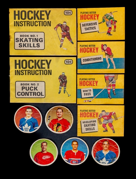 1965-66 Hood Ice Cream "Playing Better Hockey" (4) and 1972 Towers Hockey Instruction (2) Booklets Plus 1962-63 El Producto Near-Complete Set (5/6) of Hockey Coasters 