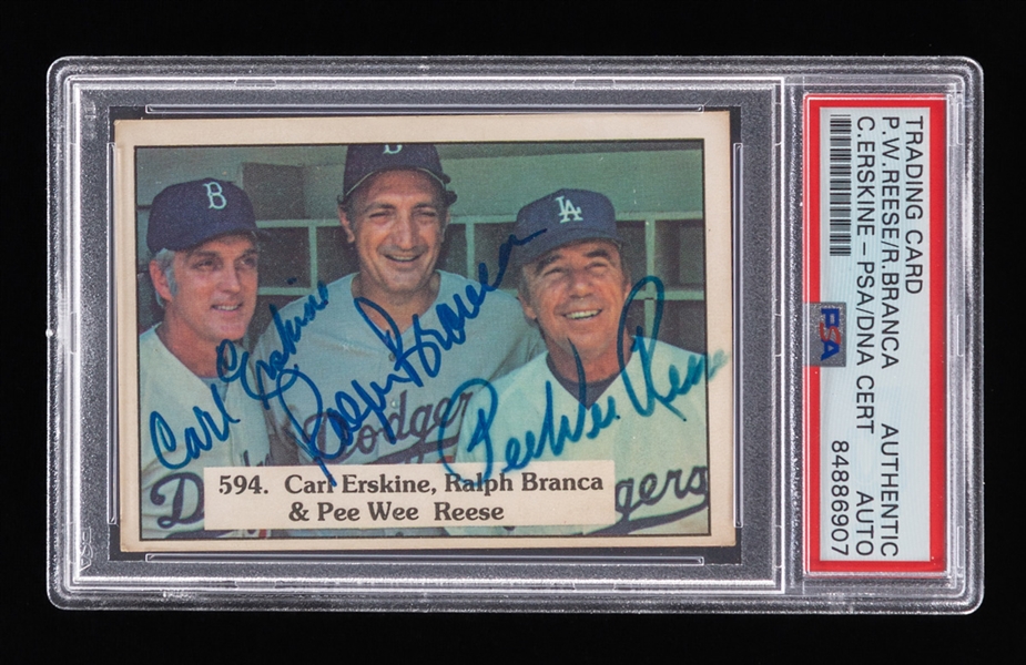 1975 SSPC Baseball Triple-Signed Card #594 of Brooklyn Dodgers Carl Erskine, Ralph Branca & Pee Wee Reese - PSA/DNA Certified Authentic Autographs