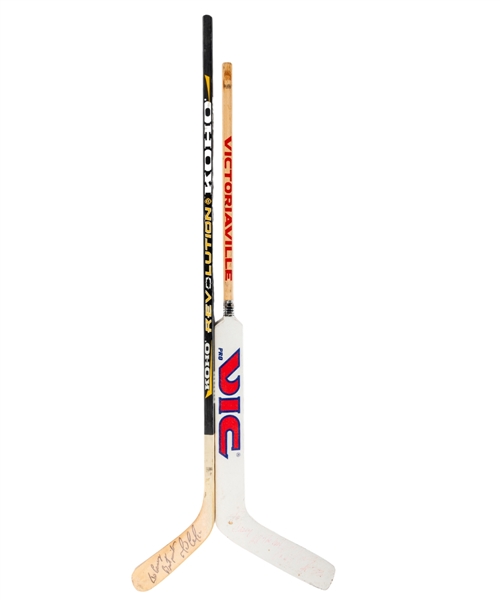 Mario Lemieux Mid-1990s Pittsburgh Penguins Koho Revolution and Patrick Roy Early-1990s Montreal Canadiens Victoriaville Signed Game-Issued Sticks 