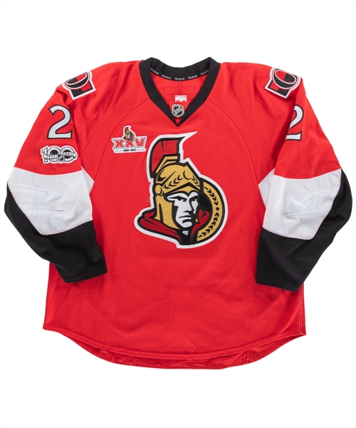 Dion Phaneufs 2016-17 Ottawa Senators Game-Worn Jersey with Team COA - NHL Centennial Patch! - Senators 25th Patch!