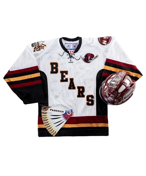 Patrick McNeills 2009-10 Hershey Bears AHL Team-Signed Game-Worn Helmet and 2007-08 Team-Signed Jersey Plus 2016 Calder Cup Locker Room Nameplates (12) 