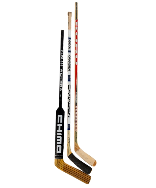 Jim Korns 1987-88 Team-Signed, Bobby Carpenters Circa 1997-98 and Chico Reschs Early-to Mid 1980s (Game-Issued) New Jersey Devils Game-Used Sticks 