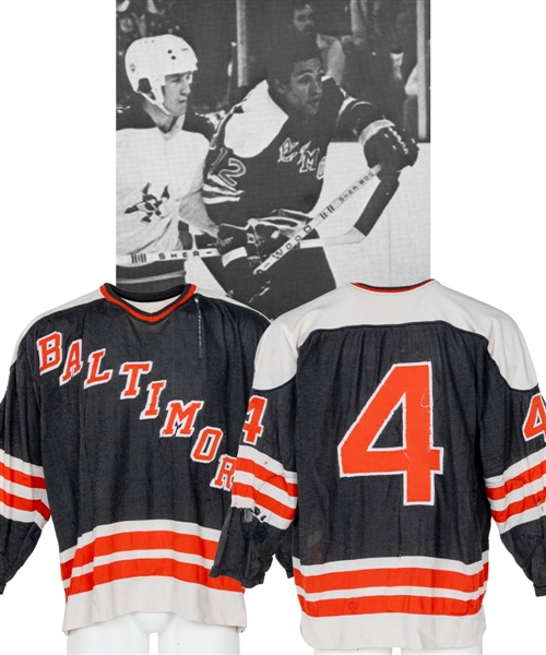1973-74 AHL Baltimore Clippers #4 Game-Worn Jersey with Team Repairs - Attributed to Have Been Recycled and Used by the 1974-75 WHA Baltimore Blades