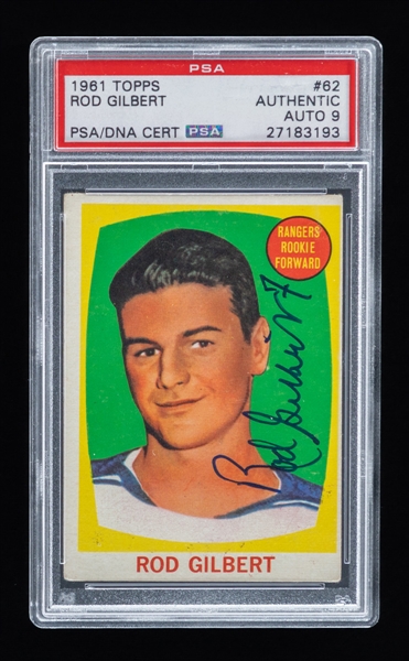 1961-62 Topps Hockey #62 HOFer Rod Gilbert Signed Rookie Card - PSA/DNA Certified Authentic Autograph Graded MINT 9