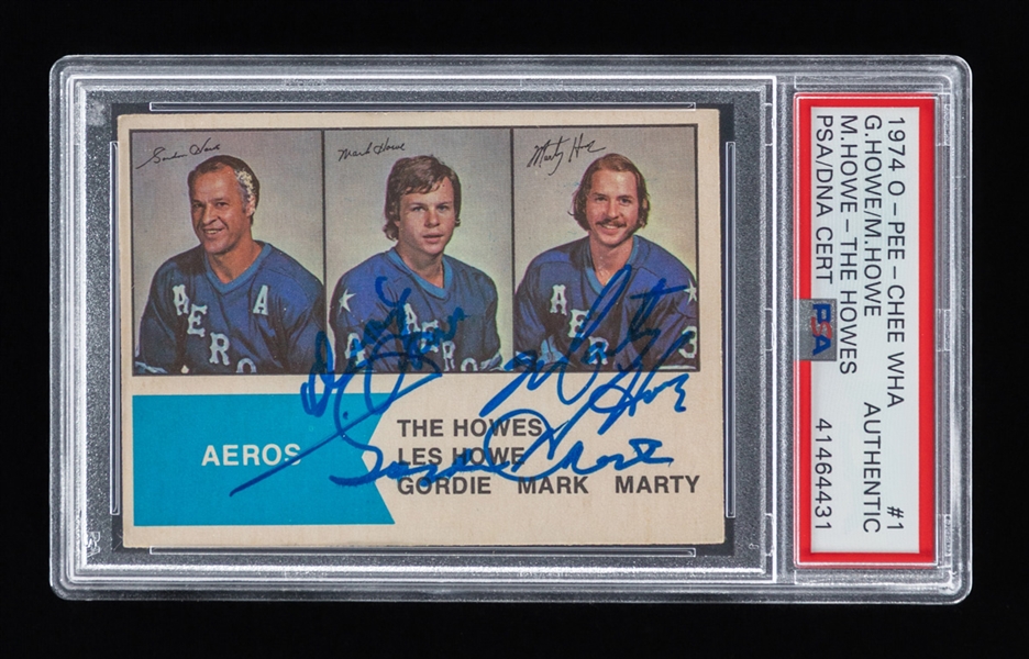 1974-75 O-Pee-Chee Hockey Triple-Signed Card #1 "The Howes" Signed by Gordie, Mark and Marty Howe - PSA/DNA Certified Authentic Autographs
