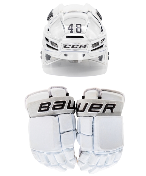 Brendan Lemieuxs 2022-23 Los Angeles Kings Game-Used Bauer Gloves and Game-Worn CCM Helmet (Worn with Adidas Heritage Jerseys) - Proceeds to Benefit the Echoes of Hope Organization