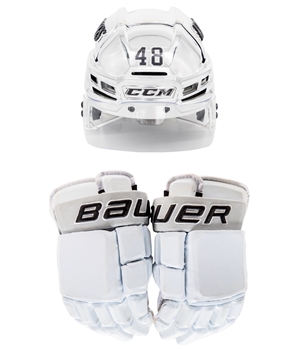 Brendan Lemieuxs 2022-23 Los Angeles Kings Game-Used Bauer Gloves and Game-Worn CCM Helmet (Worn with Adidas Heritage Jerseys) - Proceeds to Benefit the Echoes of Hope Organization
