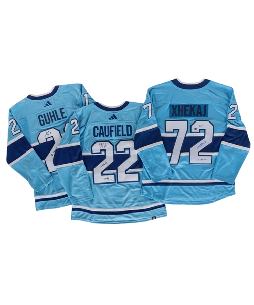 Cole Caufield (LE 32/50), Kaiden Guhle and Arber Xhekaj Signed Montreal Canadiens Reverse Retro Jerseys With COAs - Each with "Go Habs Go!" Annotation