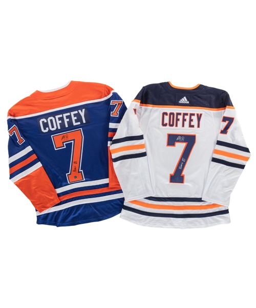 Paul Coffey Edmonton Oilers Signed White Jersey with "Norris 85" Annotation & Signed Oilers Blue Jersey with "Norris 86" Annotation - Starside Signatures COAs