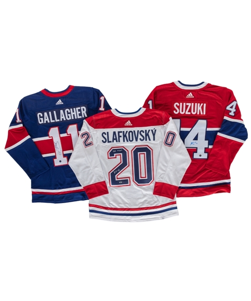 Nick Suzuki (Red Rookie), Juraj Slavkovski (“2022 #1 pick” Annotation) and Brendan Gallagher (Reverse Retro) Signed Montreal Canadiens Jerseys With COAs