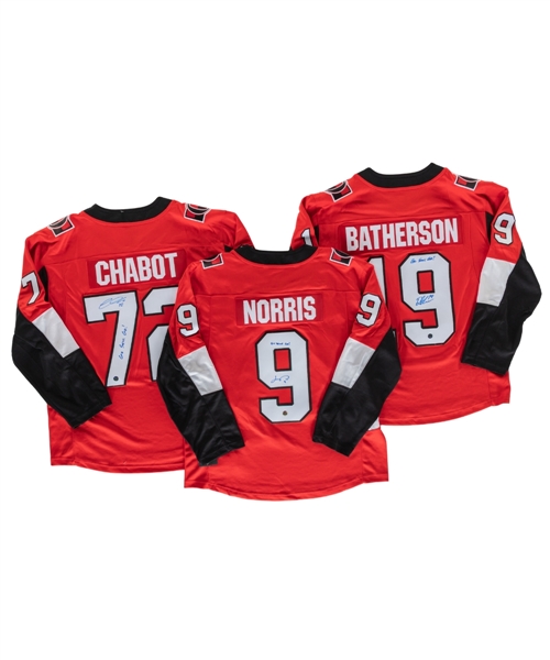 Thomas Chabot, Drake Batherson & Josh Norris Signed Ottawa Senators Jerseys with COAs - All have "Go Sens Go!" Annotations