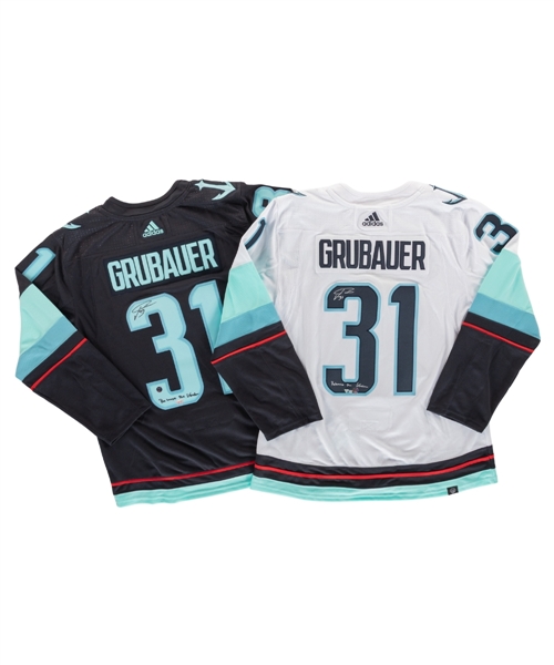 Philipp Grubauer Signed Seattle Home Jersey & Away Jersey with "Release The Kraken" Annotations - Fanatics Holograms & Starside Signatures COAs