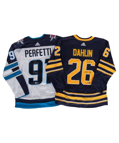 Rasmus Dahlin Buffalo Sabres (“1st Game 10/4/18” Annotation) and Cole Perfetti Winnipeg Jets (“1st Goal 01-18-22” Annotation) Signed Limited-Edition Jerseys with COAs 