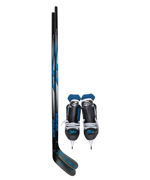 Matthew Knies Signed CCM Pair of Skates (Each Skate Signed) and Easton Cowan and Matthew Knies Signed Hockey Sticks with "Go Leafs Go!" Annotations with COAs