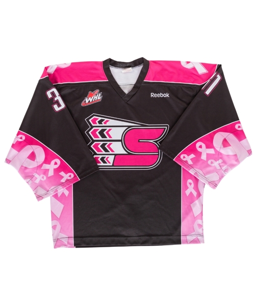 Mac Engels 2011-12 Spokane Chiefs WHL Signed Breast Cancer Awareness Game-Worn Jersey with Team COA