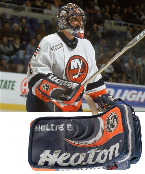 Roberto Luongos 1999-2000 New York Islanders Signed Heaton Helite 5 Game-Worn Rookie Season Blocker - Photo-Matched! 