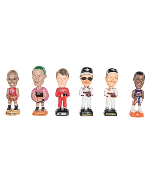 NBA and NASCAR Greats S.A.M. Limited-Edition Bobble Heads (6) In Original Boxes Including Michael Jordan, Dennis Rodman, Harlem Globetrotters, Dale Earnhardt (2) and Bill Elliott 