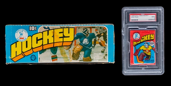 1976-77 O-Pee-Chee WHA Hockey Unopened Wax Pack (Graded PSA MINT 9) Plus 1976-77 O-Pee-Chee WHA Hockey Display Box with Wrappers (46) and Bazooka Gift Catalog