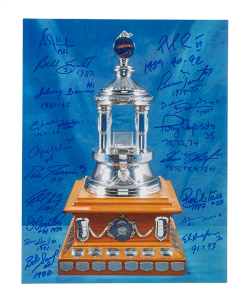 NHL Vezina Trophy Past Winners Multi-Signed Photo by 18 with Inscriptions Including Roy, Fuhr, Parent, Hasek and Belfour with LOA (11" x 14")
