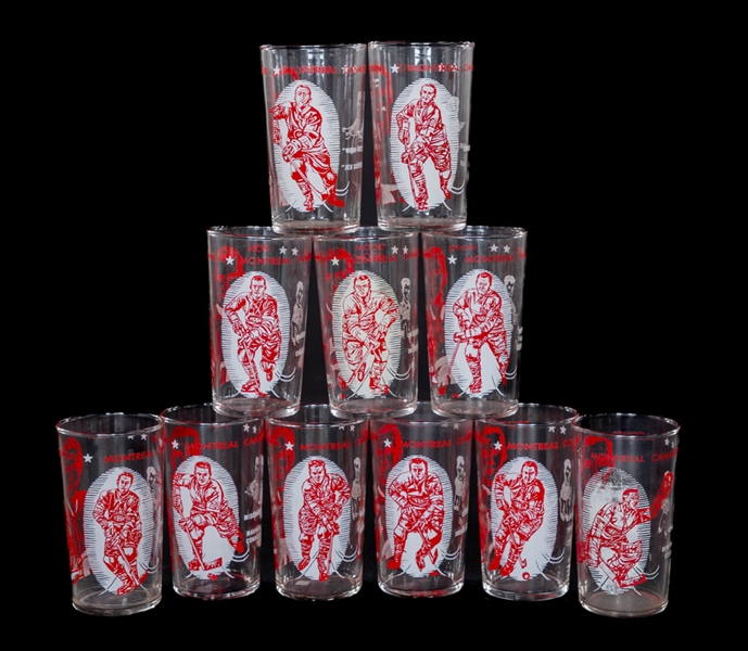 1960-61 Montreal Canadiens York Peanut Butter Glass Complete Set of 11 Plus Cap and Advertisement Including Beliveau, Richard, Plante, Geoffrion, Harvey and Moore
