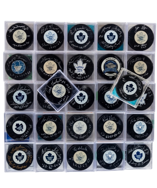 Toronto Maple Leafs "1960s Leafs" Signed Puck Collection of 27 Including HOFers Kelly, Duff, Bower, Bathgate, Mahovlich, Stanley, Pronovost, Arbour and Pulford - All Inscribed! - Most with COAs!