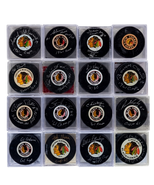 Chicago Black Hawks 1961 Stanley Cup Champions Signed Puck Collection of 15 Including HOFers Hull, Mikita, Hall, Pilote, Arbour and Hay - All Inscribed! - Most with COAs!