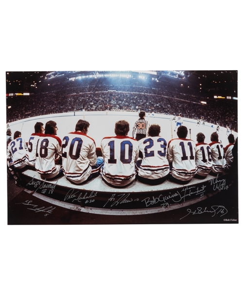 Montreal Canadiens "The Bench" Multi-Signed Photo by 8 with Lafleur, Gainey, Savard and Henri Richard with LOA (10” x 15”)
