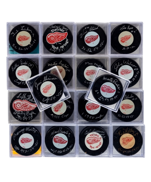 Detroit Red Wings "1950s Red Wings" Signed Puck Collection of 18 Including HOFers Kelly, Lindsay, Pronovost and Delvecchio - All Inscribed! - Most with COAs!