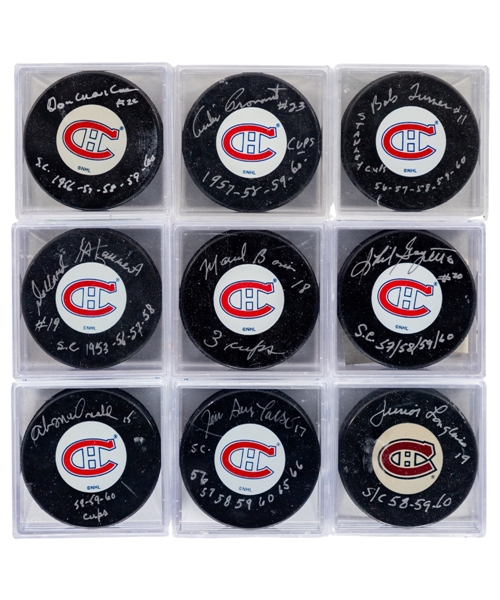 Montreal Canadiens "1950s Canadiens" Signed Puck Collection of 9 Including Goyette, Bonin, Marshall, Langlois, Pronovost, Turner, MacDonald, St. Laurent and Talbot - All Inscribed! 