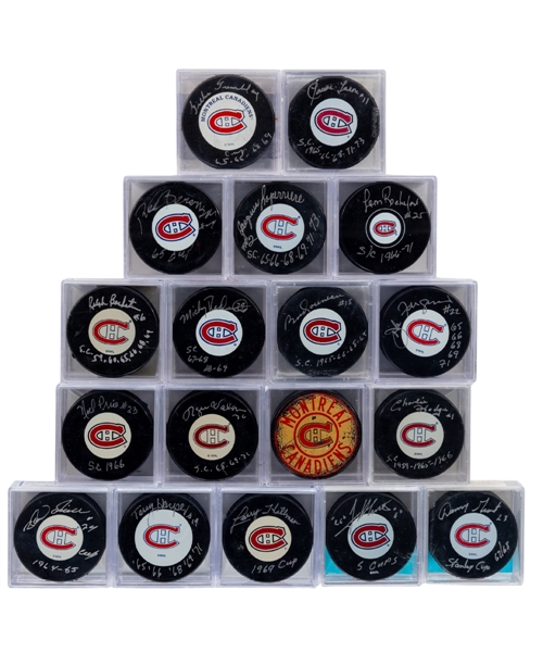 Montreal Canadiens "1960s Canadiens" Signed Puck Collection of 17 Including HOFers Jacques Laperriere and Rogie Vachon - All Inscribed! 