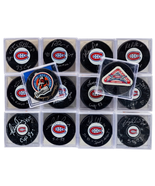 Montreal Canadiens 1993 Stanley Cup Champions Signed Puck Collection of 12 Including Muller, Delorme, Keane, Ramage, DiPietro, Demers, Bellows, LeClair and Others - All Inscribed! - Most with COAs!