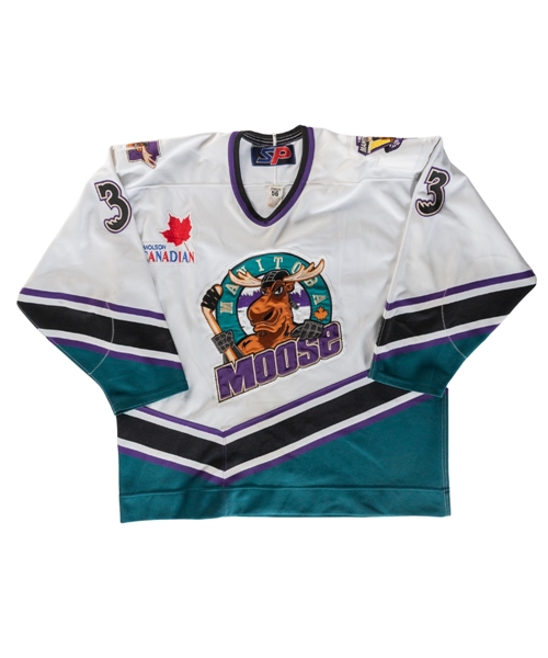 Mike Ruarks 2000-01 IHL Manitoba Moose Game-Worn Jersey with LOA - 5th Season Patch!