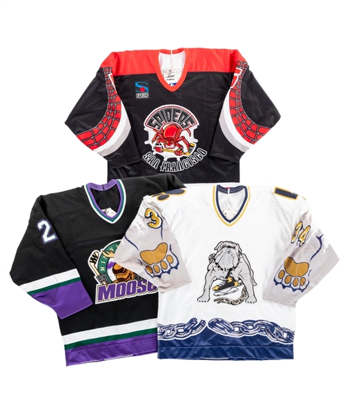 Vintage 1990s IHL Los Angeles Ice Dogs (Junker), Minnesota Moose (Christian) and San Francisco Spiders (Bilodeau) Pro Replica Jerseys