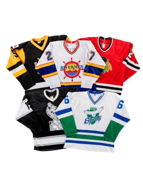 Vintage IHL Replica Jerseys (5) Including Saginaw Hawks (Stapleton), Muskegon Lumberjacks (Callander), Flint Spirits (Spangler), Peoria Rivermen (Ronning) and Indianapolis Ice (Sanipass)
