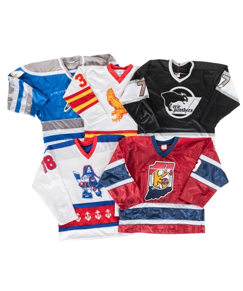 Vintage IHL Replica Jerseys (4) Including Salt Lake Golden Eagles (Vernon), Phoenix Roadrunners (Tkachuk), Fort Wayne Komets (Lakso) and Milwaukee Admirals (Berry) Plus Additional Jersey