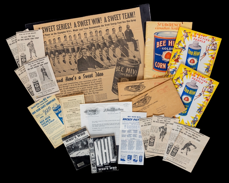 Bee Hive Corn Syrup Advertisment and Memorabilia Collection of 20 Including Oversized 1937-38 Maple Leafs Stanley Cup Champions Ad, Scribblers (3) and More