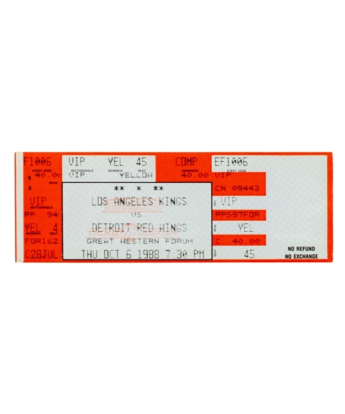 October 6th, 1988 Los Angeles Kings vs Detroit Red Wings Full Game Ticket - HOFer Wayne Gretzkys Kings Debut!