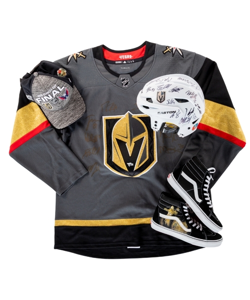 Vegas Golden Knights 2017-18 Inaugural Season Memorabilia Collection of 4 Including Team-Signed Jersey and Helmet, 2018 Stanley Cup Finals Hat and Vans Shoes