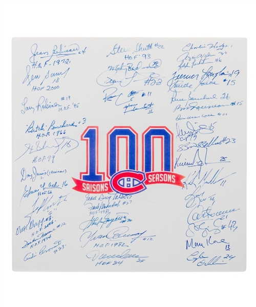 Montreal Canadiens 2008-09 Centennial Multi-Signed Ceramic Tile by 38 Including Deceased HOFers Beliveau, H. Richard, Moore, Lach and Duff - Many COAs! 