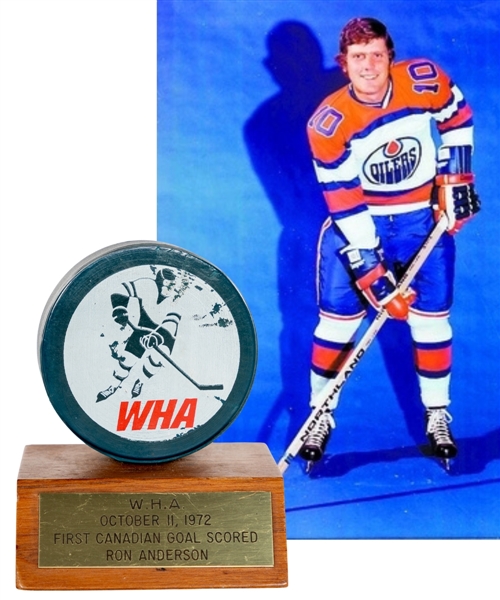 Ron Andersons October 11th 1972 Alberta Oilers "First Canadian Goal / First WHA Goal" WHA Blue Goal Puck with His Signed LOA