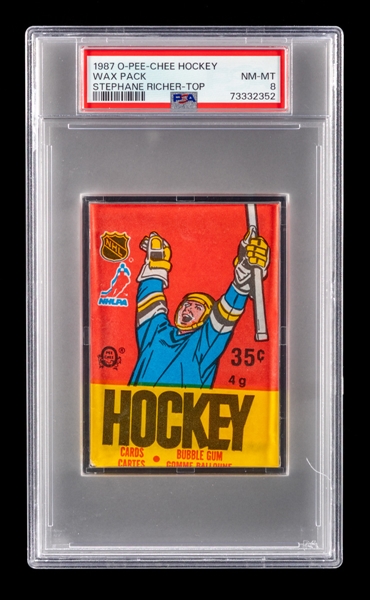 1987-88 O-Pee-Chee Hockey Wax Pack - Graded PSA NM-MT 8 - Showing Stephane Richer Rookie Card Through Top!