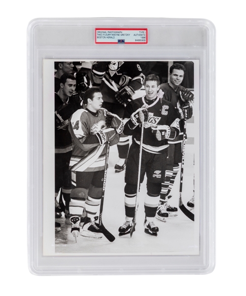 Wayne Gretzky and Theoren Fleury January 19th, 1996 NHL All-Star Super Skills Competition Type l Boston Herald Photo - Graded PSA Authentic 