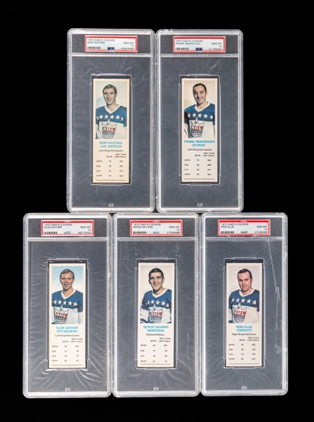 1970-71 Dads Cookies Hockey PSA Graded Collection of 5 Including Savard, Mahovlich, Ellis, Pulford and Sather - All Graded PSA GEM MT 10!