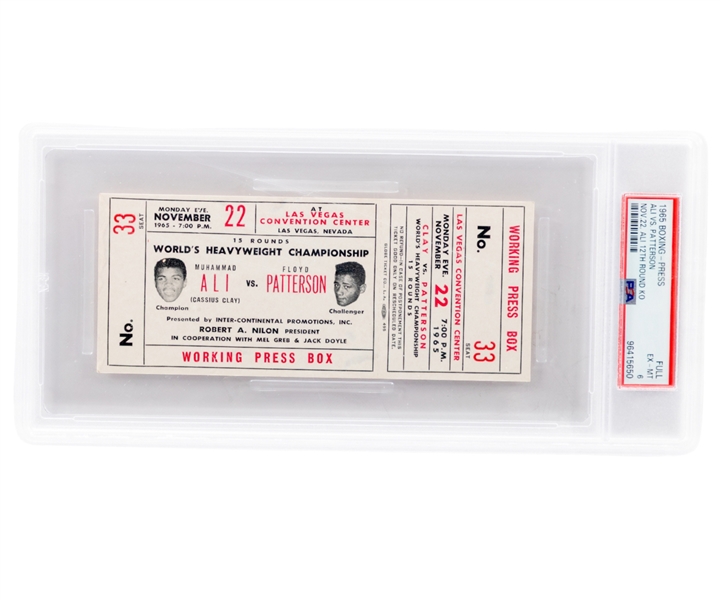November 22nd 1965 Muhammad Ali vs Floyd Patterson Worlds Heavyweight Championship Working Press Box Full Ticket (Graded PSA EX-MT 6) - Ali 12th Round KO