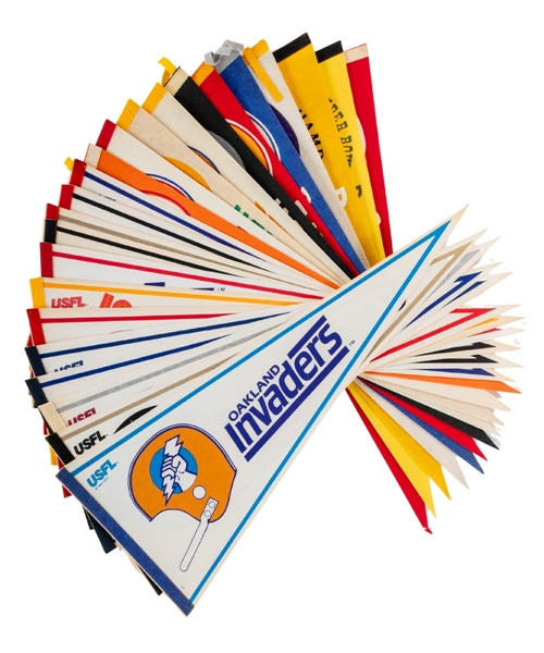 Vintage NFL, USFL and WFL 1970s/1980s Full Size Pennants (23) Including Steelers, Colts, Sharks, Texans, Sun, Wranglers, Bandits, Blitz and Others Plus Bumper Stickers (7)